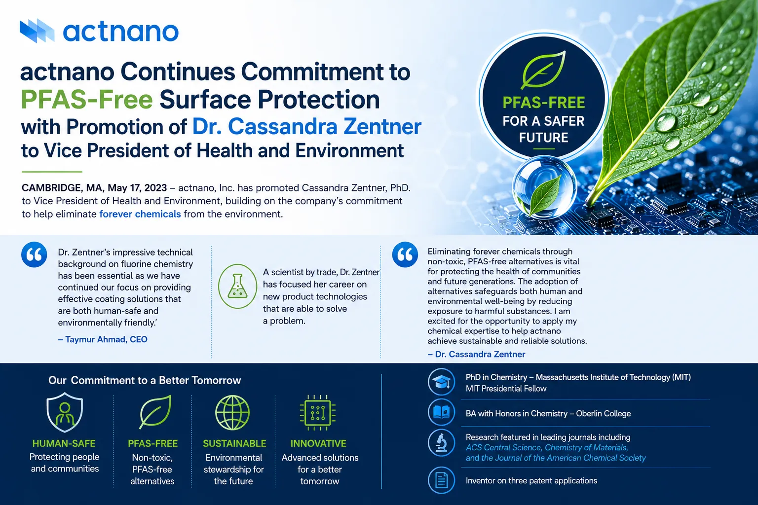 actnano Continues Commitment to PFAS-Free Surface Protection with Promotion of Dr. Cassandra Zentner to Vice President of Health and Environment image